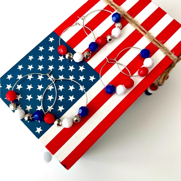 Red, White and Blue Beaded Hoop Earrings - Picture 2 of 4